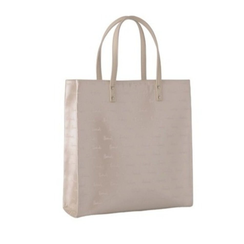 Harrods London Logo Embossed Tote Bag Pearl Cream Patent Leather Top Handle Shop